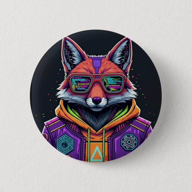 Cyber Fox Button Pin – Neon Streetwear Animal Art (Front)