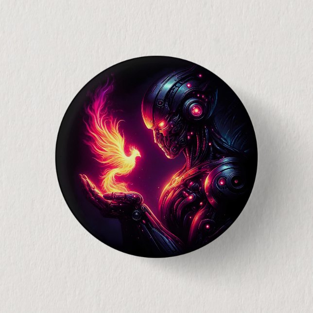 Cyber Futuristic Robot Phoenix Fire Spirit 1 Inch Round Button (Front)