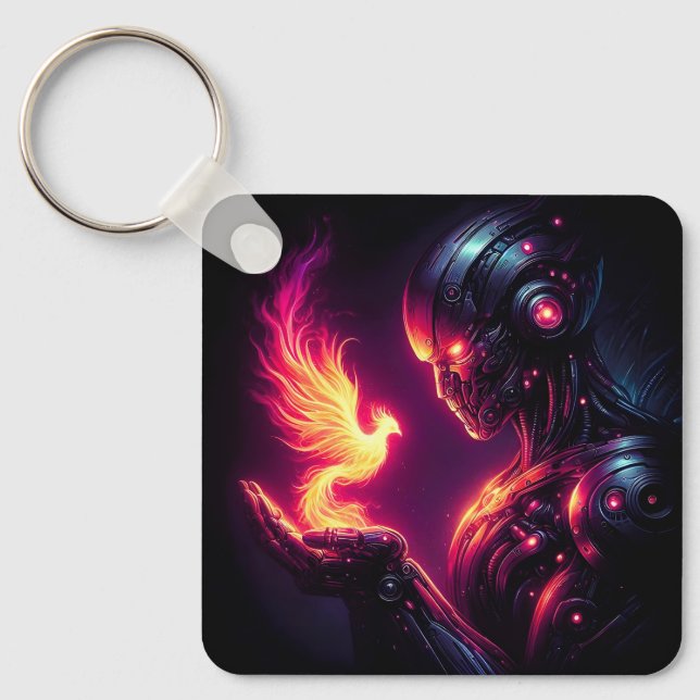 Cyber Futuristic Robot Phoenix Fire Spirit Keychain (Front)