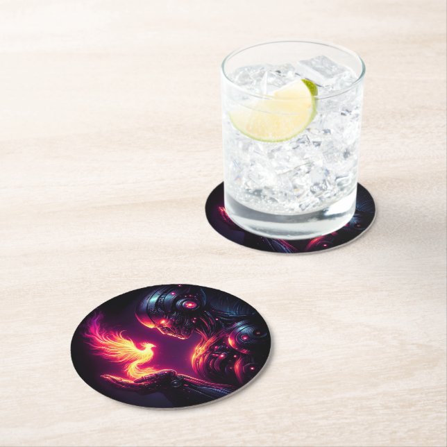Cyber Futuristic Robot Phoenix Fire Spirit Round Paper Coaster (Insitu)