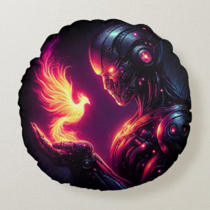 Cyber Futuristic Robot Phoenix Fire Spirit Round Pillow