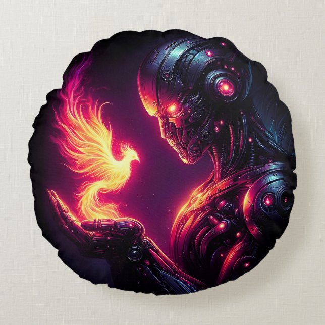 Cyber Futuristic Robot Phoenix Fire Spirit Round Pillow (Front)