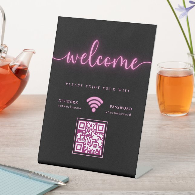 Cyber Glowing Neon Pink Welcome WIFI QR Code Pedestal Sign (In SItu)