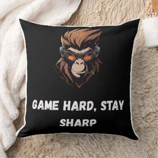 Cyber Gorilla Gamer Black Orange Art Throw Pillow