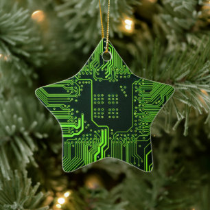Cyber Green PCB Circuit Board Trace Pattern Art Ceramic Ornament
