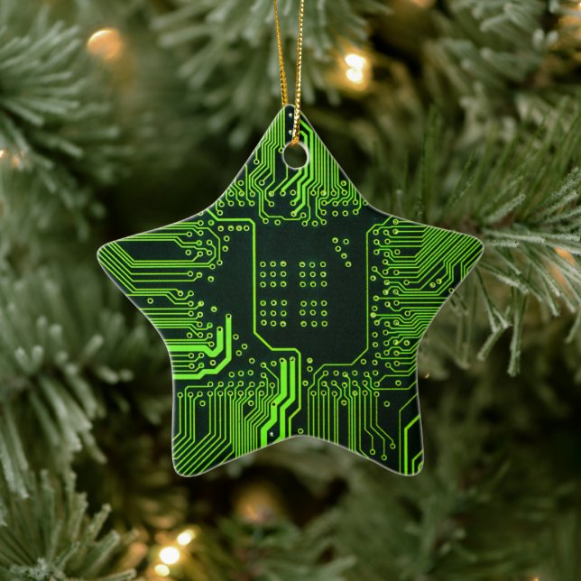 Cyber Green PCB Circuit Board Trace Pattern Art Ceramic Ornament (Tree)
