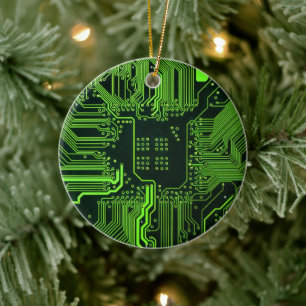 Cyber Green PCB Circuit Board Trace Pattern Art Ceramic Ornament