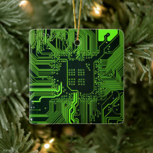 Cyber Green PCB Circuit Board Trace Pattern Art Ceramic Ornament