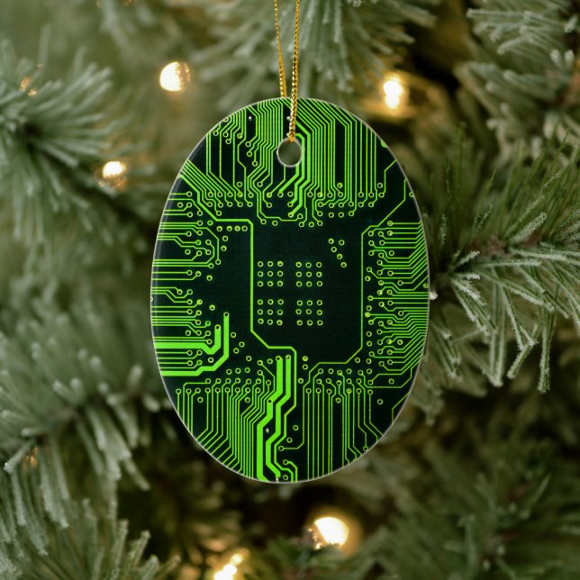 Cyber Green PCB Circuit Board Trace Pattern Art Ceramic Ornament (Tree)