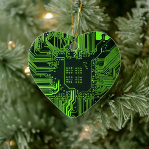Cyber Green PCB Circuit Board Trace Pattern Art Ceramic Ornament