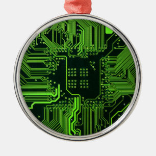 Cyber Green PCB Circuit Board Trace Pattern Art Metal Ornament