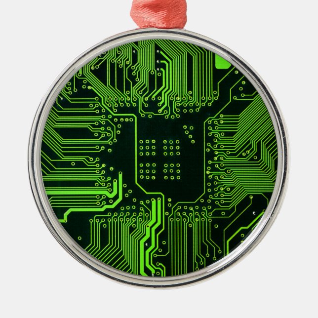 Cyber Green PCB Circuit Board Trace Pattern Art Metal Ornament (Front)