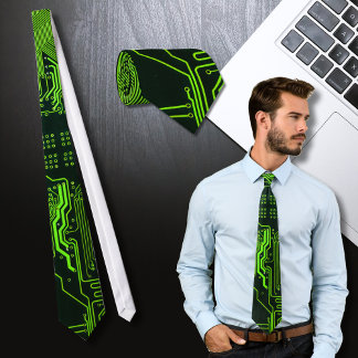 Cyber Green PCB Circuit Board Trace Pattern Art Tie