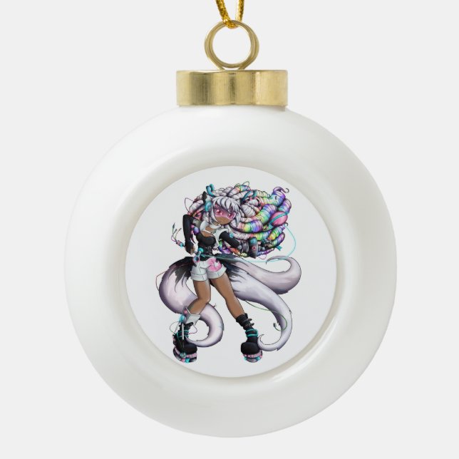 Cyber Kitsune Girl Ceramic Ball Christmas Ornament (Front)
