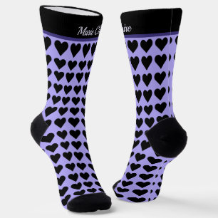 Cyber Lilac Black Little Hearts Personalized Name Socks