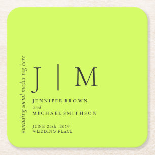 Cyber Lime Jet Black Formal Simple Elegant Wedding Square Paper Coaster