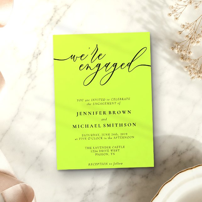 Cyber Lime & Jet Black Minimal We are Engaged Invitation (Creator Uploaded)