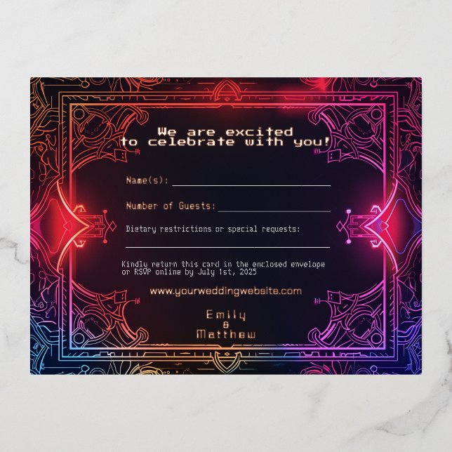 Cyber-Medieval Fusion Wedding RSVP Card REAL FOIL (Front)