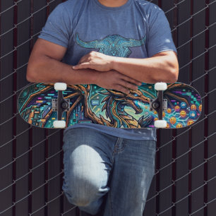 Cyber-Neon Blue Dragon Glitch Art Mural Design Skateboard