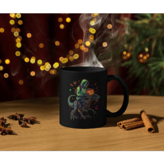 Cyber Neon Skeleton Riding Robo Dino – Halloween  Coffee Mug
