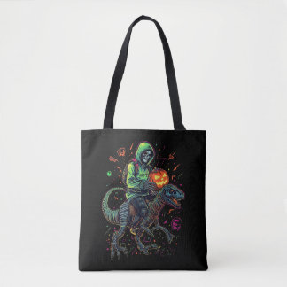 Cyber Neon Skeleton Riding Robo Dino – Halloween  Tote Bag