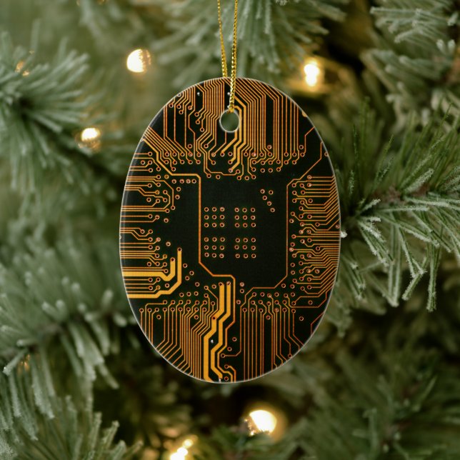 Cyber Orange PCB Circuit Board Trace Pattern Art Ceramic Ornament (Tree)