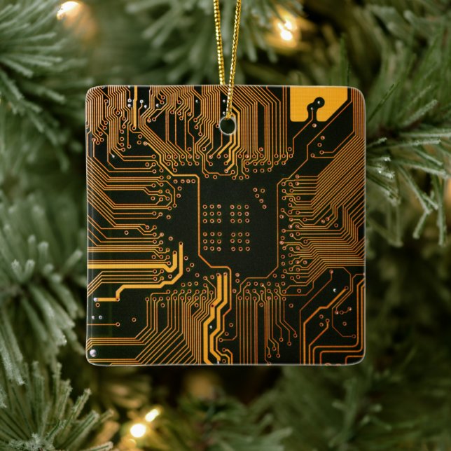Cyber Orange PCB Circuit Board Trace Pattern Art Ceramic Ornament (Tree)