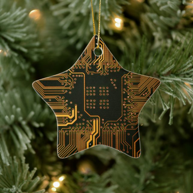 Cyber Orange PCB Circuit Board Trace Pattern Art Ceramic Ornament (Tree)