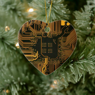 Cyber Orange PCB Circuit Board Trace Pattern Art Ceramic Ornament
