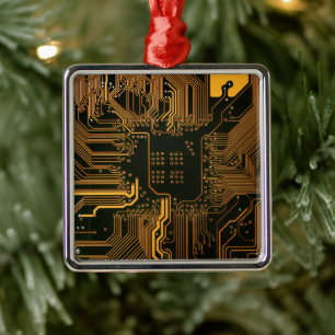 Cyber Orange PCB Circuit Board Trace Pattern Art Metal Ornament