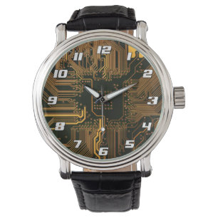 Cyber Orange PCB Circuit Board Trace Pattern Art Watch