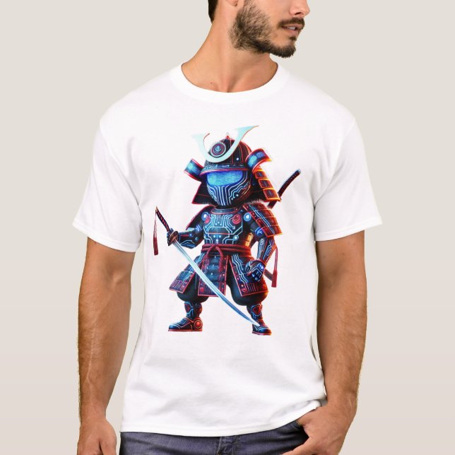 Cyber Samurai Neon Warrior Futuristic Battle Tee (Front)
