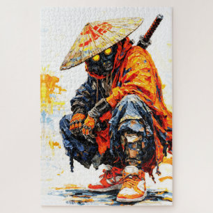 Cyber Samurai Palette Knife Neon Orange Impasto Jigsaw Puzzle