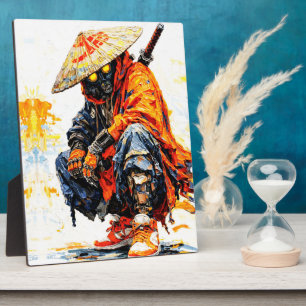 Cyber Samurai Palette Knife Neon Orange Impasto Plaque