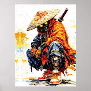 Cyber Samurai Palette Knife Neon Orange Impasto Poster