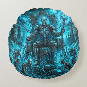 Cyber Skeleton King & Grim Reaper Electric Blue Round Pillow