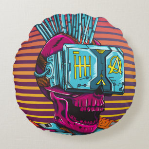 Cyber Skull Virtual Reality Cyberpunk floppy disc Round Pillow