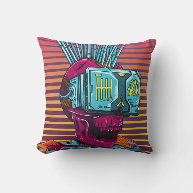 Cyber Skull Virtual Reality Cyberpunk floppy disc  Throw Pillow (Front)