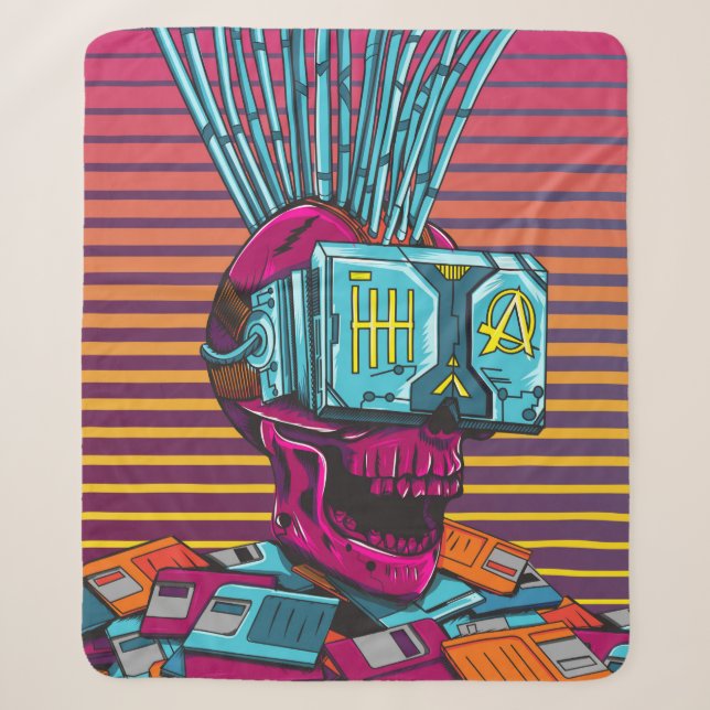 Cyber Skull Virtual Reality Cyberpunk floppy disk  Sherpa Blanket (Front)
