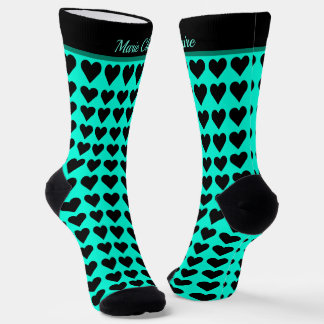 Cyber Turquoise Black Little Hearts Custom Name Socks