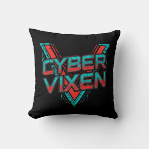 Cyber Vixen - Gamer Girl - Red Teal Gaming Graphic Throw Pillow