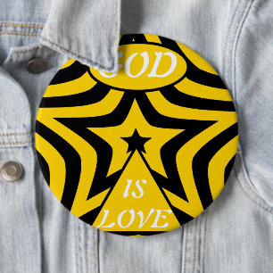 Cyber Yellow & Black Star "God Is Love"  Bold Star 6 Inch Round Button