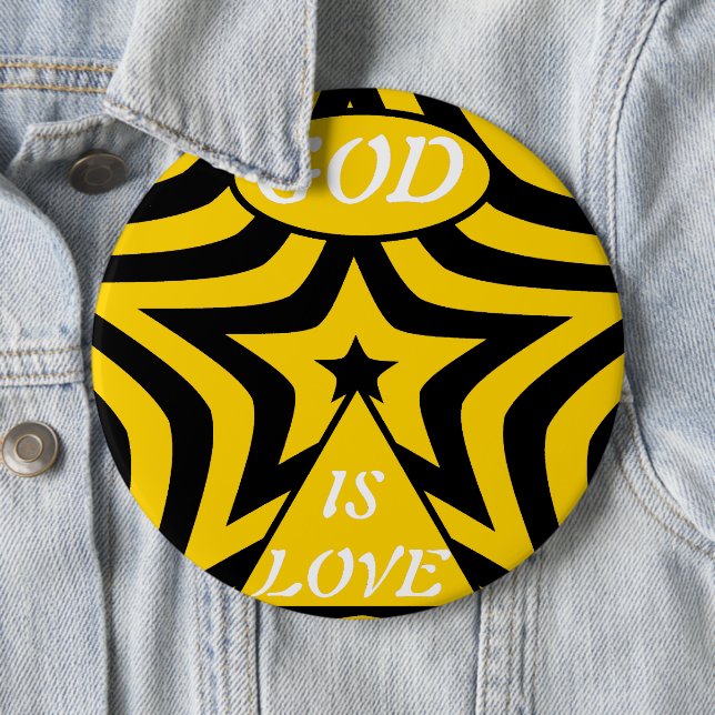Cyber Yellow & Black Star "God Is Love"  Bold Star 6 Inch Round Button (In Situ)
