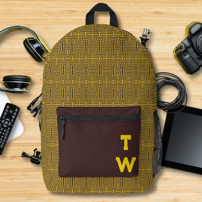 Cyber Yellow Geometric Maze Circuit Monogram Printed Backpack (Creator Uploaded)