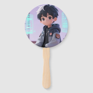 Cyber Zen 3D Anime Boy Neon Futuristic Sticker & P Hand Fan