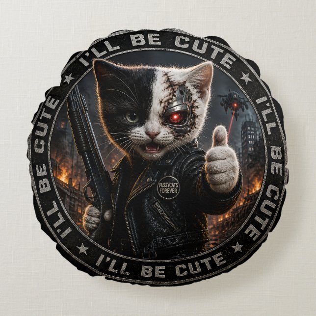 Cybernetic cat/cyborg cat round pillow (Front)