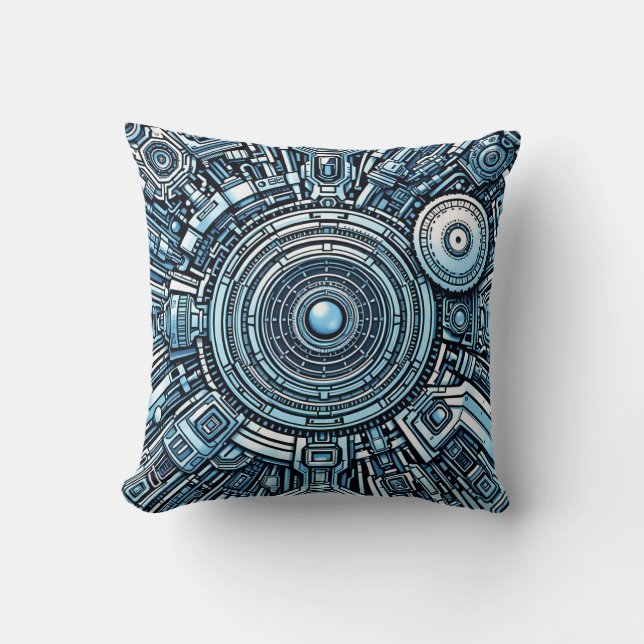 Cybernetic circuit core – futuristic tech art throw pillow (Front)