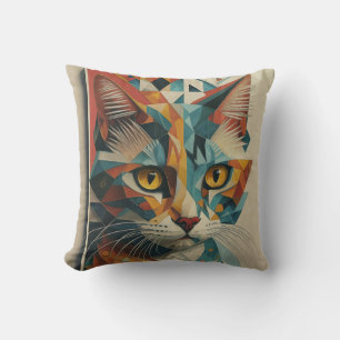 CYBERNETIC KITTY CAT ABSTRACT GEOMETRIC CUBISM THROW PILLOW