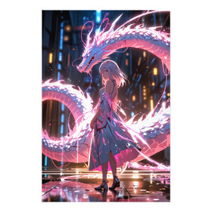 Cyberpunk Anime Girl Neon Dragon Fantasy Art Photo Print