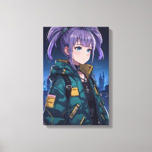 Cyberpunk Anime Girl Pigtails Camo Jacket Art Canvas Print